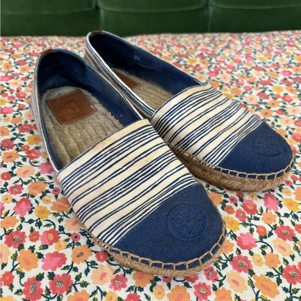 Tory Burch Blue Stripe Espadrilles Shoes Size 7.5